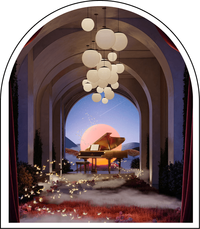 surreal image of entryway with grand piano