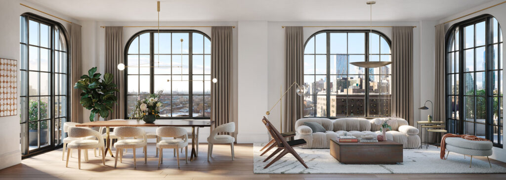 interior dining room and great room in Post House penthouse in Brooklyn, NY