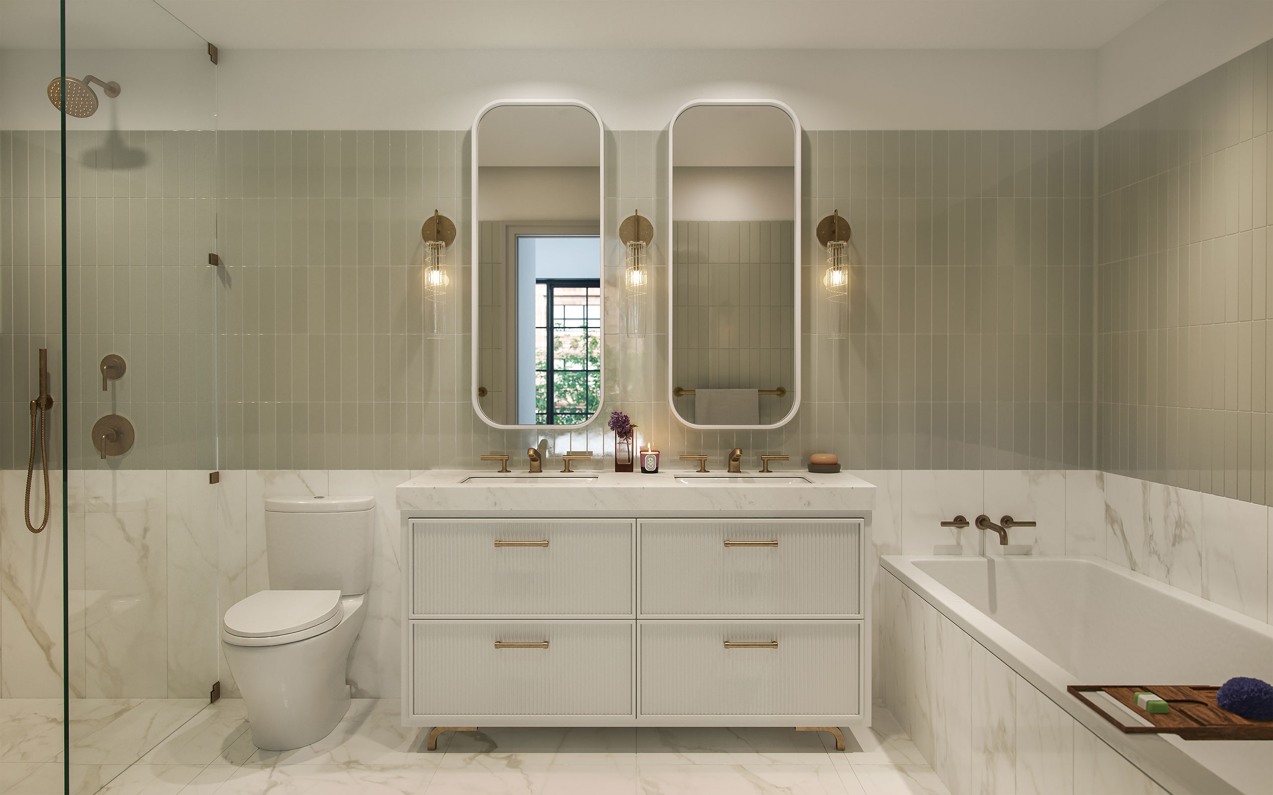 Post House primary bathroom featuring a deep soaking tub, Waterworks fixtures, custom vanities, and arched recessed medicine cabinets.